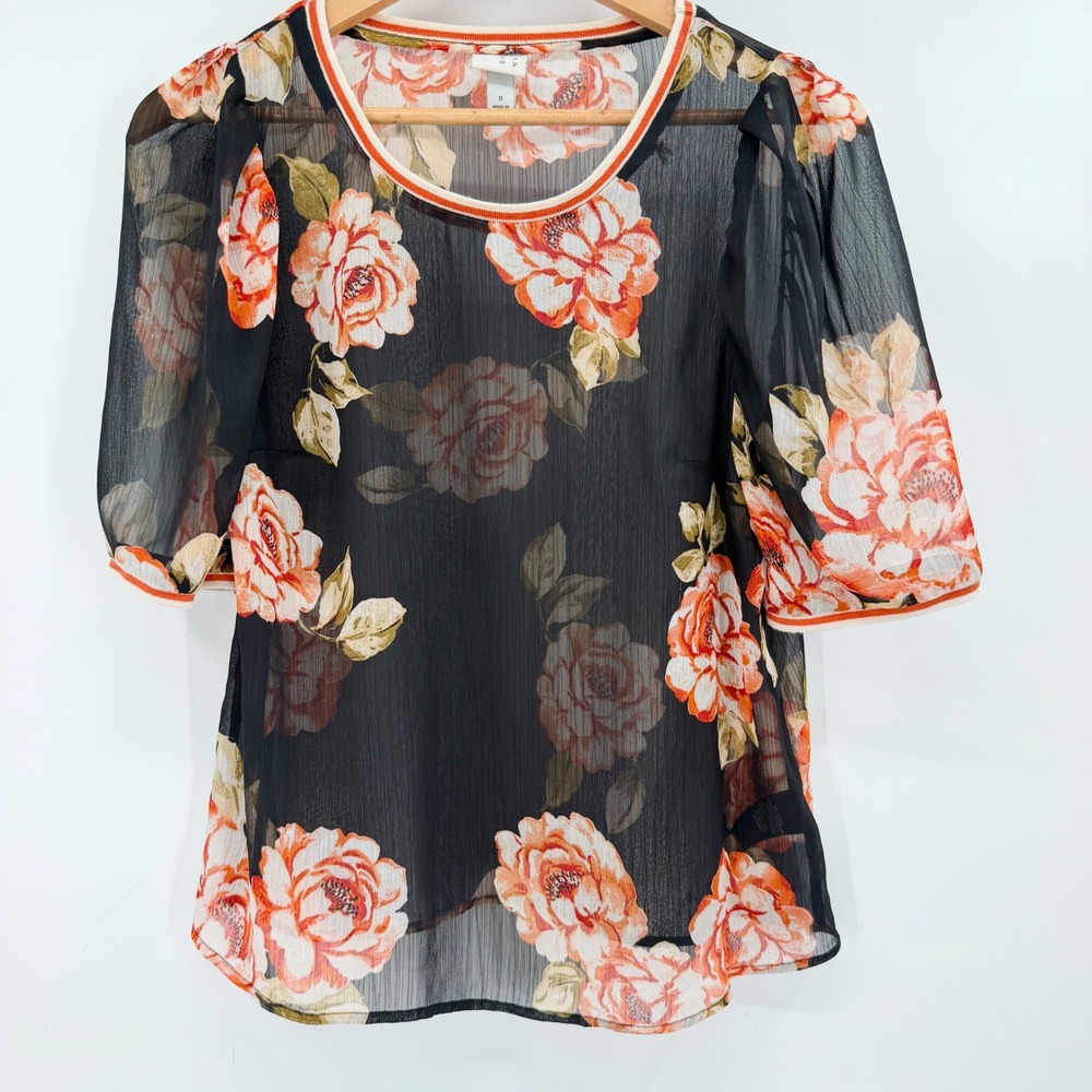Dark Floral Fall Sheer Blouse Size S Black Orange Puff Sleeve Romantic Boho